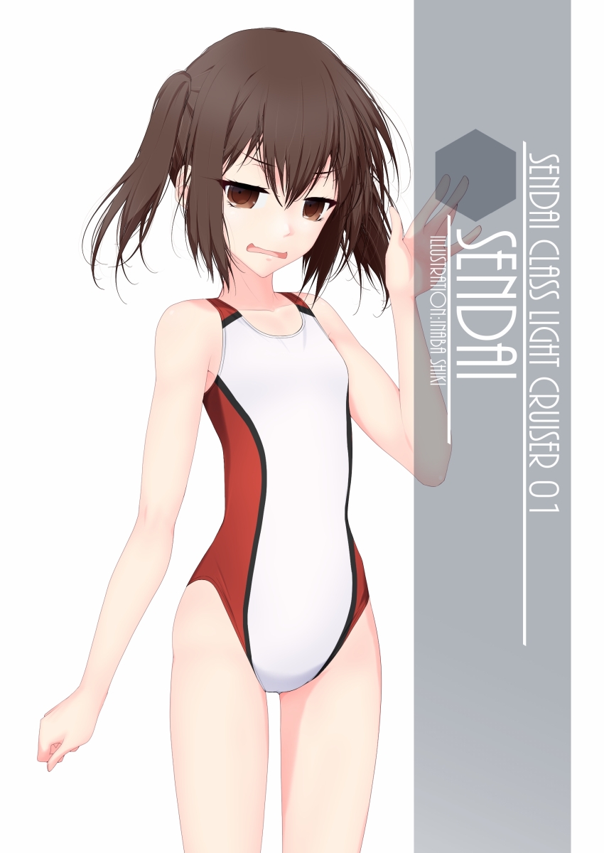 1girl artist_name black_hair brown_eyes character_name competition_swimsuit cowboy_shot flat_chest hexagon highres inaba_shiki kantai_collection looking_at_viewer multicolored multicolored_clothes multicolored_swimsuit one-piece_swimsuit open_mouth sendai_(kantai_collection) simple_background solo swimsuit two_side_up white_background white_swimsuit