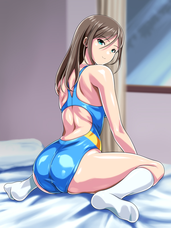 1girl ass blue_swimsuit blurry commentary_request competition_swimsuit curtains depth_of_field from_behind green_eyes hair_between_eyes light_brown_hair looking_at_viewer looking_back monteriakitto one-piece_swimsuit original pillow socks solo swimsuit white_legwear window