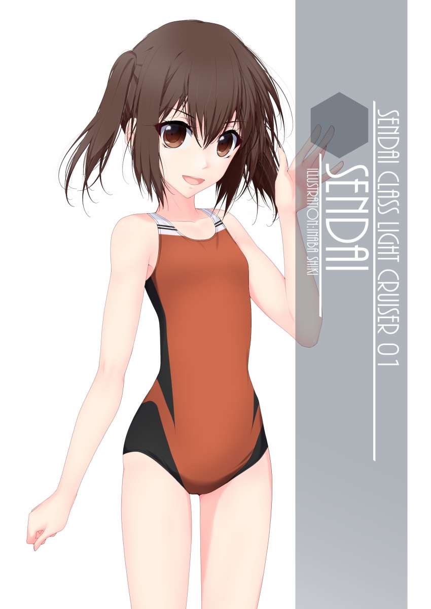1girl artist_name black_hair brown_eyes character_name commentary_request competition_swimsuit cowboy_shot flat_chest hexagon highres inaba_shiki kantai_collection looking_at_viewer one-piece_swimsuit open_mouth orange_swimsuit sendai_(kantai_collection) simple_background solo swimsuit two_side_up white_background