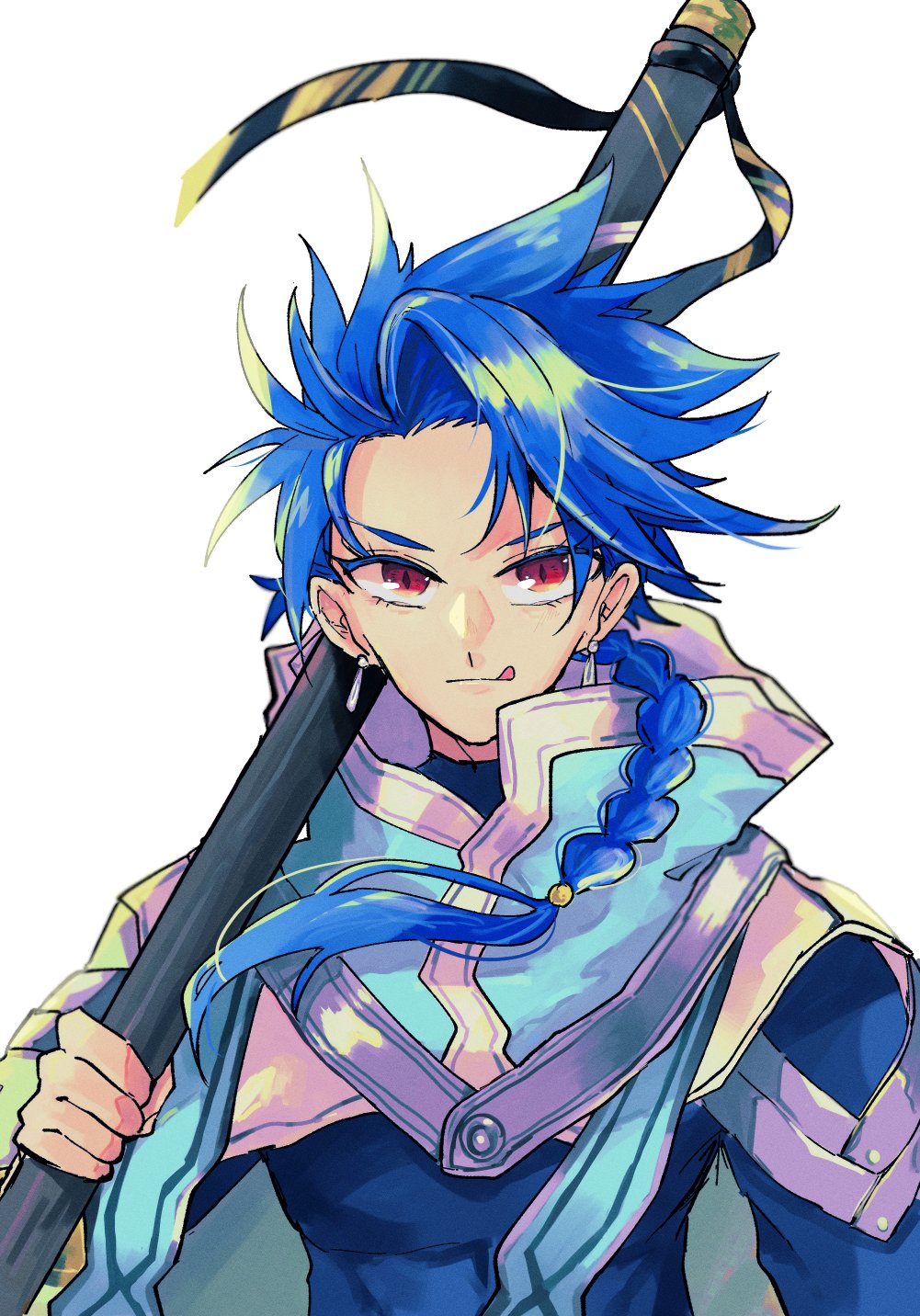 1boy blue_hair braid braided_ponytail child close-up closed_mouth cu_chulainn_(fate)_(all) earrings fate/grand_order_arcade fate_(series) haji_(fhj1896) highres holding holding_staff jewelry long_hair male_focus red_eyes setanta_(fate) simple_background slit_pupils solo spiky_hair staff tongue tongue_out type-moon white_background