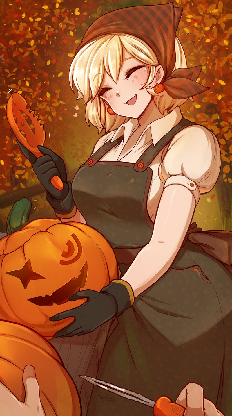 1girl :d ^_^ black_gloves blonde_hair borrowed_character closed_eyes commentary earrings english_commentary eyebrows_visible_through_hair facing_viewer food_themed_earrings gloves highres jack-o'-lantern jewelry merunyaa open_mouth original pov pov_hands puffy_short_sleeves puffy_sleeves pumpkin pumpkin_earrings sammy_(bestsammy) short_hair short_sleeves smile solo_focus