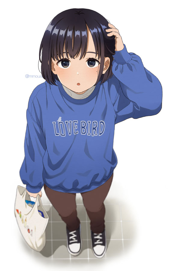 1girl arm_up bag black_footwear black_hair blue_sweater blush brown_eyes brown_pants clothes_writing commentary_request english_text foreshortening from_above full_body holding holding_bag long_sleeves looking_at_viewer looking_up mattaku_mousuke mole mole_under_eye original pants shopping_bag short_hair simple_background solo standing sweater twitter_username white_background