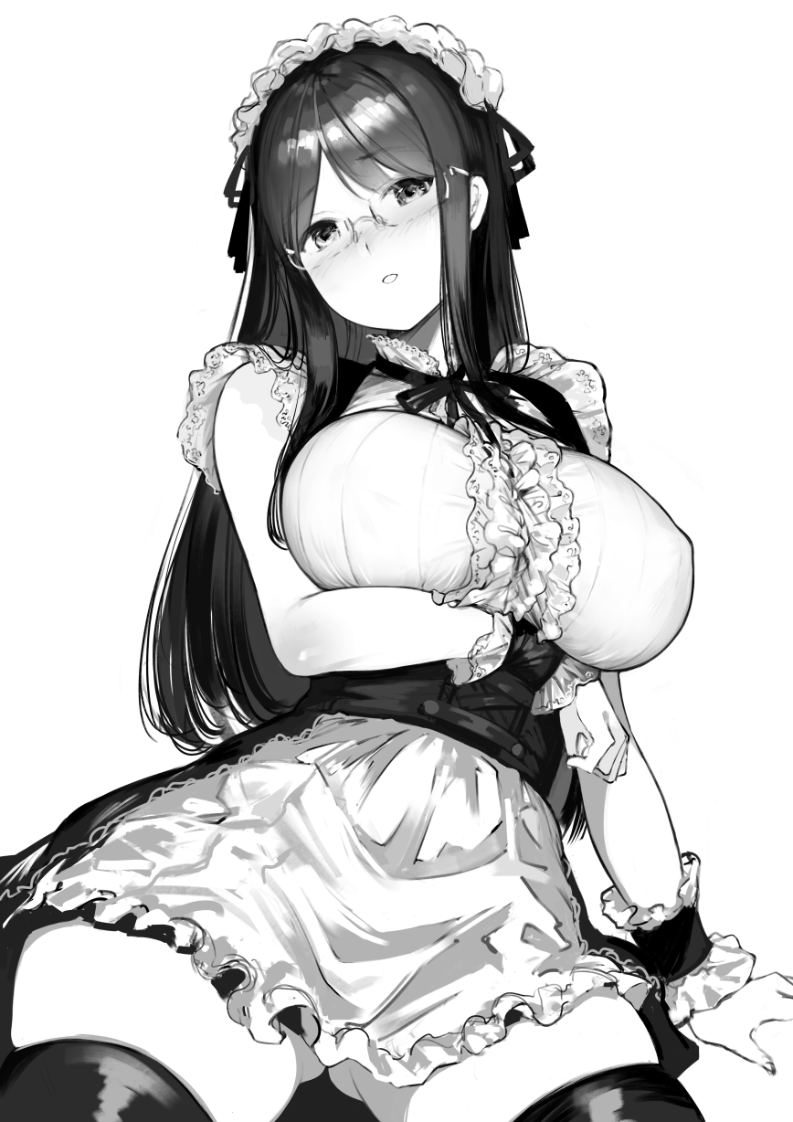 1girl apron ass_visible_through_thighs breasts eyebrows_visible_through_hair glasses greyscale highres koruse large_breasts long_hair looking_at_viewer maid maid_headdress monochrome original ribbon simple_background solo thigh-highs thighs white_background wrist_cuffs