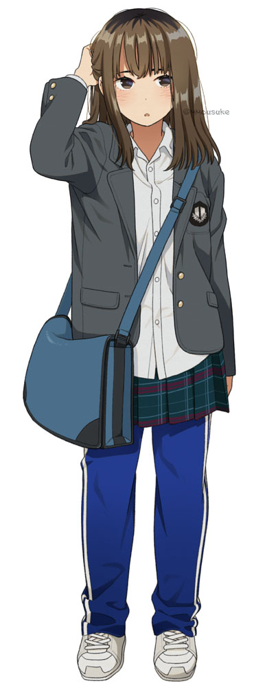 1girl :o arm_at_side arm_up bag blazer blue_pants brown_eyes brown_hair collared_shirt emblem full_body green_skirt grey_jacket jacket long_hair long_sleeves looking_at_viewer mattaku_mousuke miniskirt open_clothes open_jacket open_mouth original pants plaid plaid_skirt pleated_skirt school_uniform scratching_head shirt shoes shoulder_bag simple_background skirt sneakers solo standing track_pants twitter_username unbuttoned white_background white_footwear white_shirt