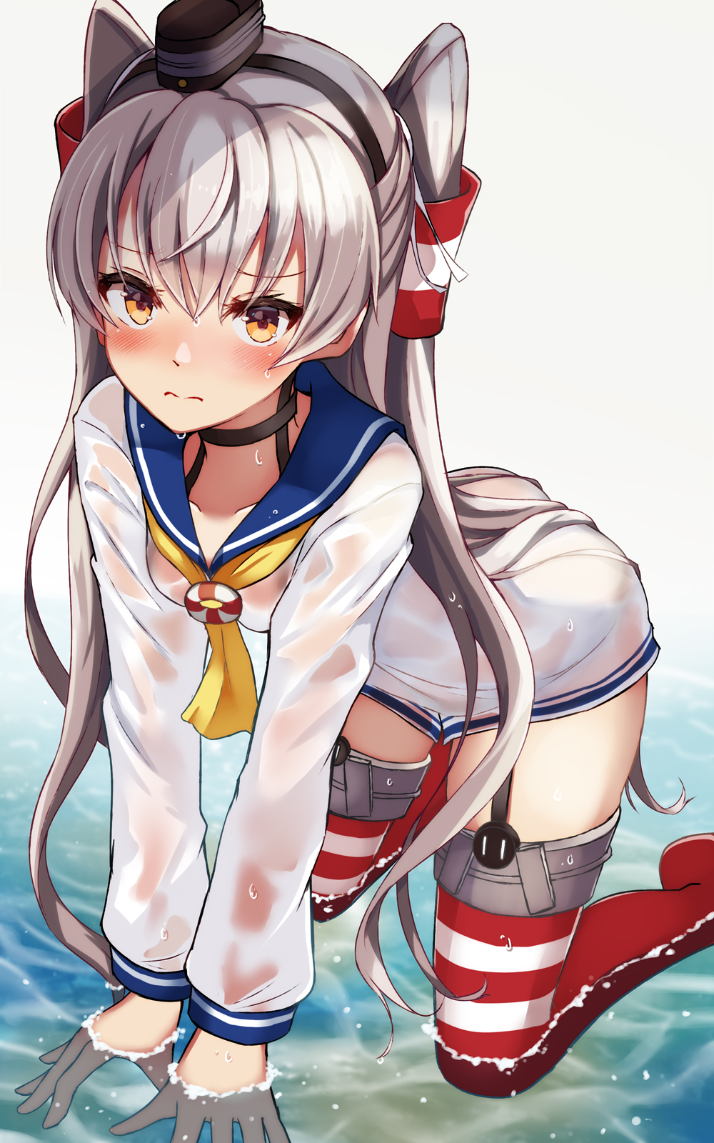 1girl all_fours alternate_costume amatsukaze_(kantai_collection) black_hairband blush breasts choker closed_mouth collarbone commentary_request cosplay dress garter_straps gloves hair_between_eyes hair_ornament hair_tubes hairband hat highres kantai_collection long_hair long_sleeves looking_at_viewer mini_hat natsu_narumi red_legwear sailor_collar sailor_dress see-through short_dress silver_hair solo striped striped_legwear thigh-highs two_side_up very_long_hair water wet wet_clothes wet_dress white_gloves windsock yukikaze_(kantai_collection) yukikaze_(kantai_collection)_(cosplay)