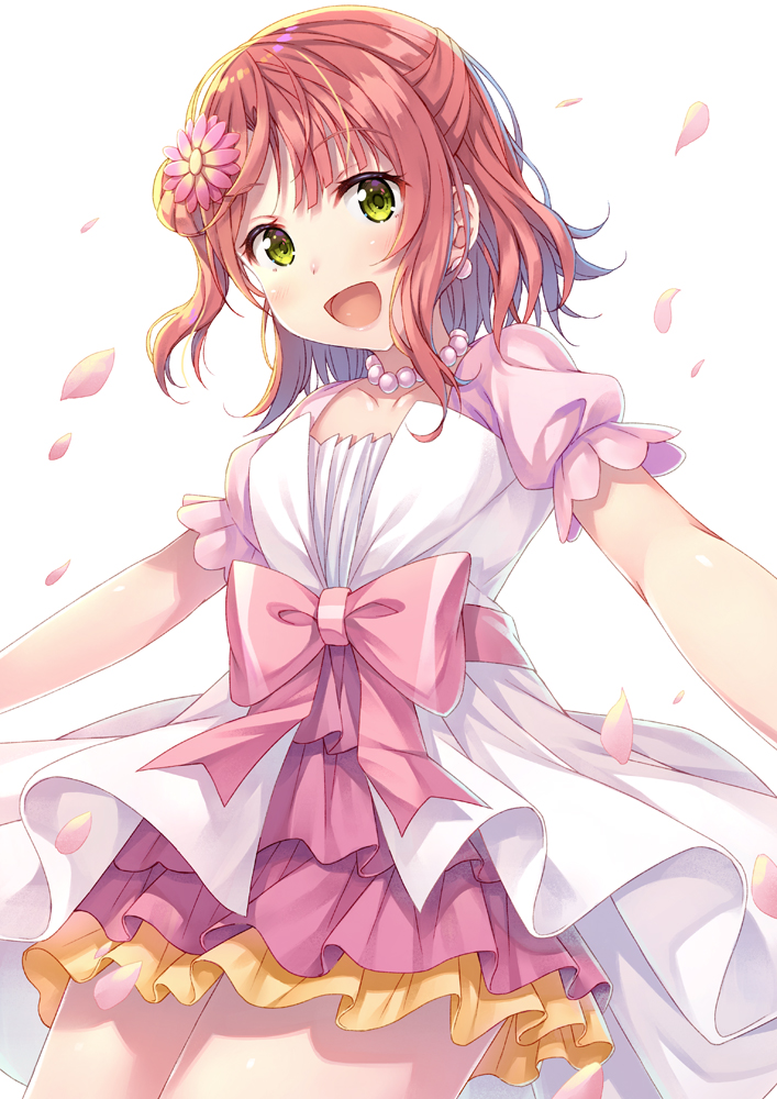 1girl :d bangs bow collarbone cowboy_shot dress earrings eyebrows_visible_through_hair green_eyes hair_ornament jewelry looking_at_viewer love_live! love_live!_nijigasaki_high_school_idol_club necklace open_mouth pearl_necklace petals pink_dress puffy_short_sleeves puffy_sleeves redhead short_hair short_sleeves side_bun sidelocks simple_background smile solo standing tomo_wakui uehara_ayumu white_background