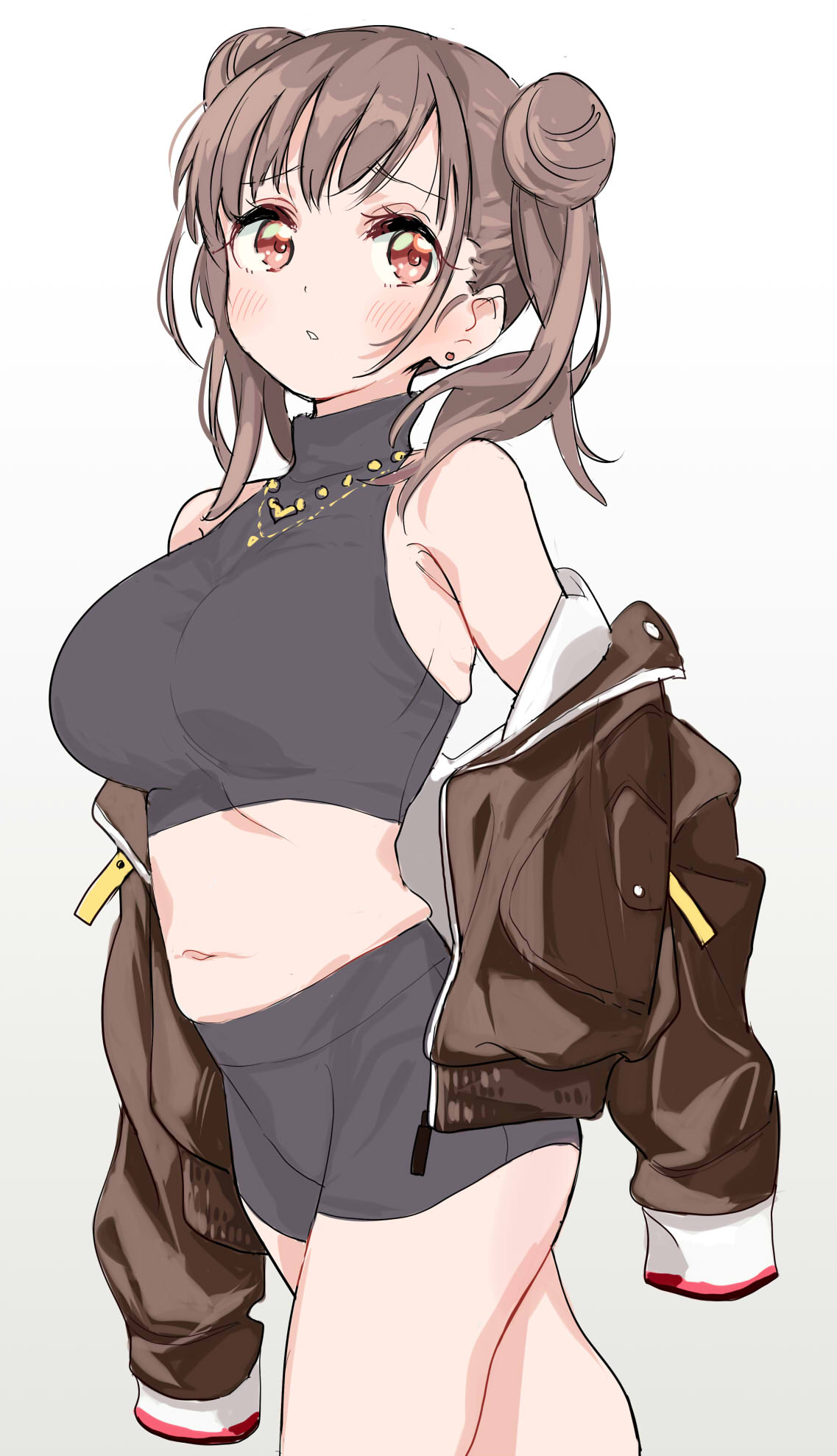 1girl bangs bare_shoulders black_shorts blush breasts brown_hair brown_jacket cowboy_shot double_bun earrings hei_(tonarinohey) highres idolmaster idolmaster_shiny_colors jacket jewelry large_breasts long_hair looking_to_the_side midriff navel necklace off_shoulder open_mouth red_eyes shorts simple_background solo sonoda_chiyoko stud_earrings twintails white_background
