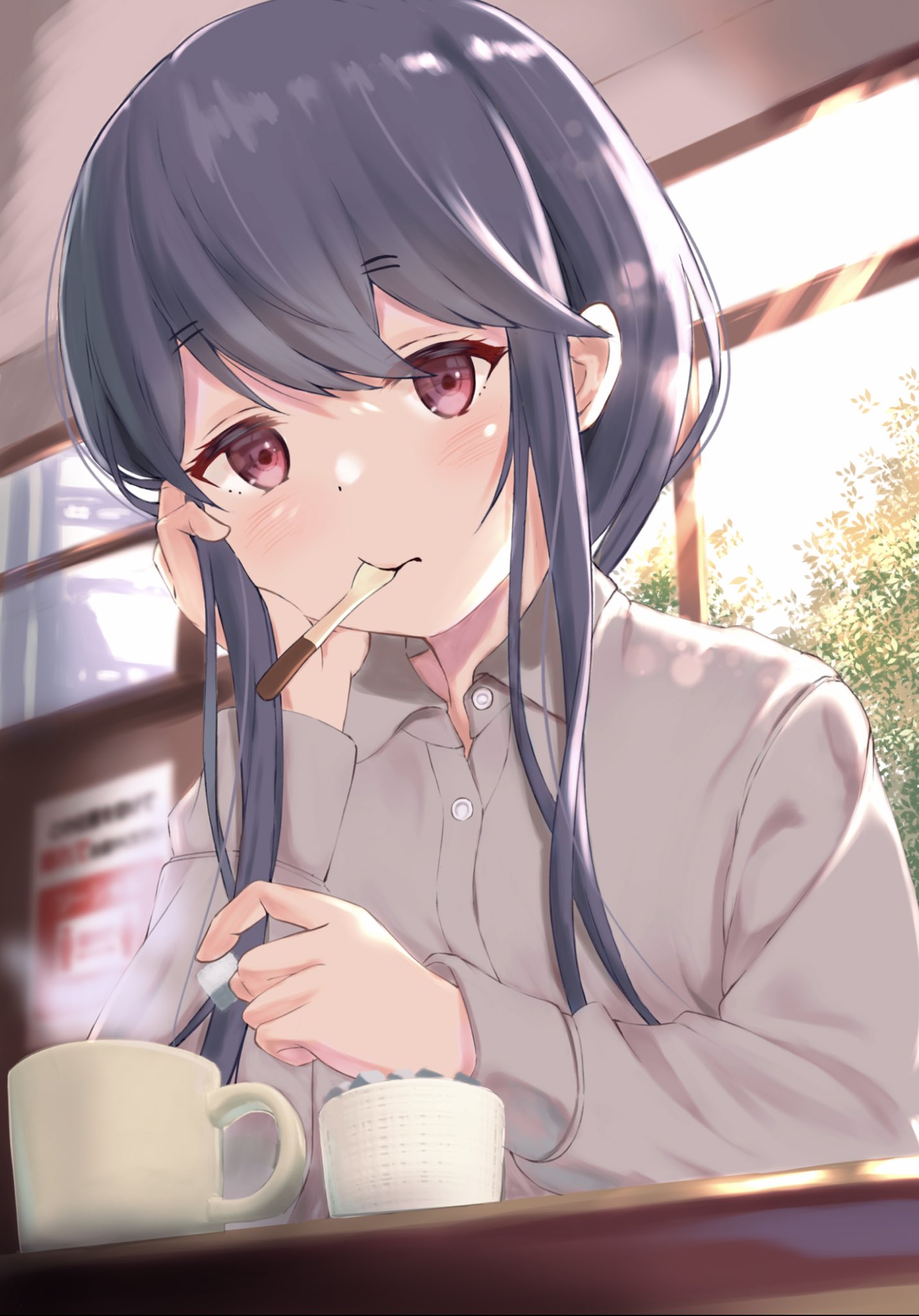 1girl bangs blue_hair blush buttons closed_mouth collared_shirt cup day dot_nose eyebrows_visible_through_hair file112056 flat_chest food grey_shirt hand_on_own_cheek hand_on_own_face highres holding holding_food indoors leaning_on_table long_hair long_sleeves looking_at_viewer open_collar red_eyes shima_rin shirt sitting sleeve_cuffs solo steam sugar_cube sunlight table upper_body utensil_in_mouth window wing_collar yurucamp