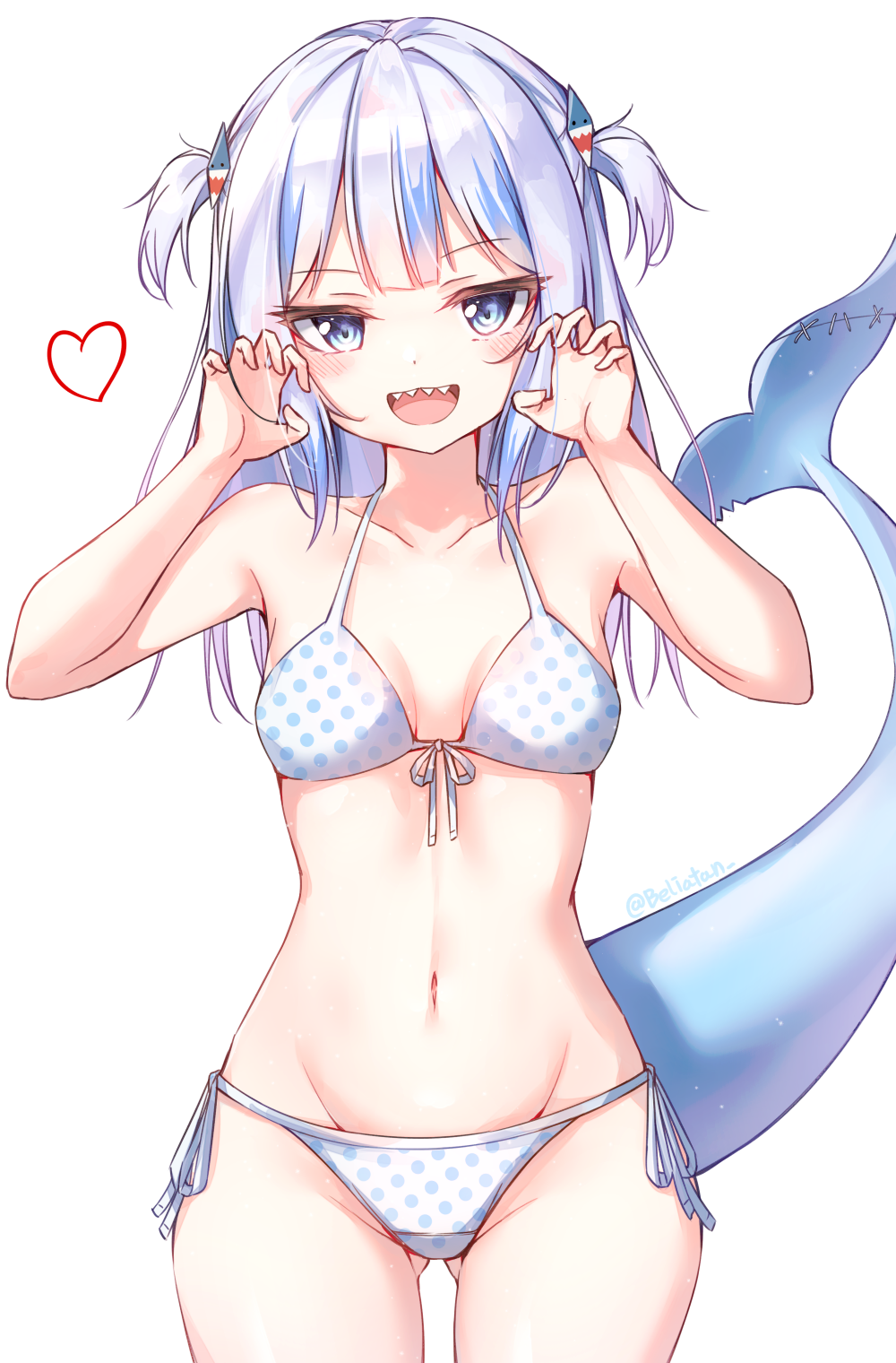 1girl :d ass_visible_through_thighs bangs bare_shoulders beliatan bikini blue_eyes blunt_bangs blush breasts claw_pose collarbone commentary_request cowboy_shot eyebrows_visible_through_hair fangs fish_tail front-tie_bikini front-tie_top gawr_gura groin hair_ornament hands_up heart highres hololive long_hair looking_at_viewer multicolored_hair navel open_mouth polka_dot polka_dot_bikini shark_girl shark_hair_ornament shark_tail side-tie_bikini small_breasts smile solo streaked_hair swimsuit swimwear tail teeth two_side_up virtual_youtuber white_background