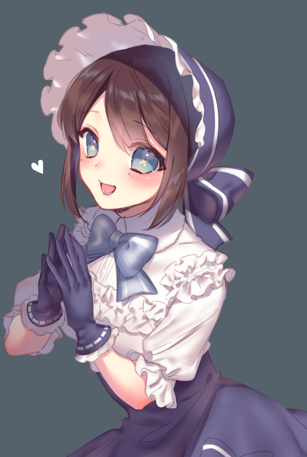 1girl :d ai_(blacktea_milk) bangs black_gloves blue_eyes blue_gloves blue_headwear blush bonnet boudoir_dream_(identity_v) bow brown_hair commentary_request dress emma_woods fingers_together frills gloves hands_together hat heart highres identity_v looking_at_viewer lower_teeth official_alternate_costume open_mouth own_hands_together ribbon short_hair short_sleeves simple_background skirt smile solo