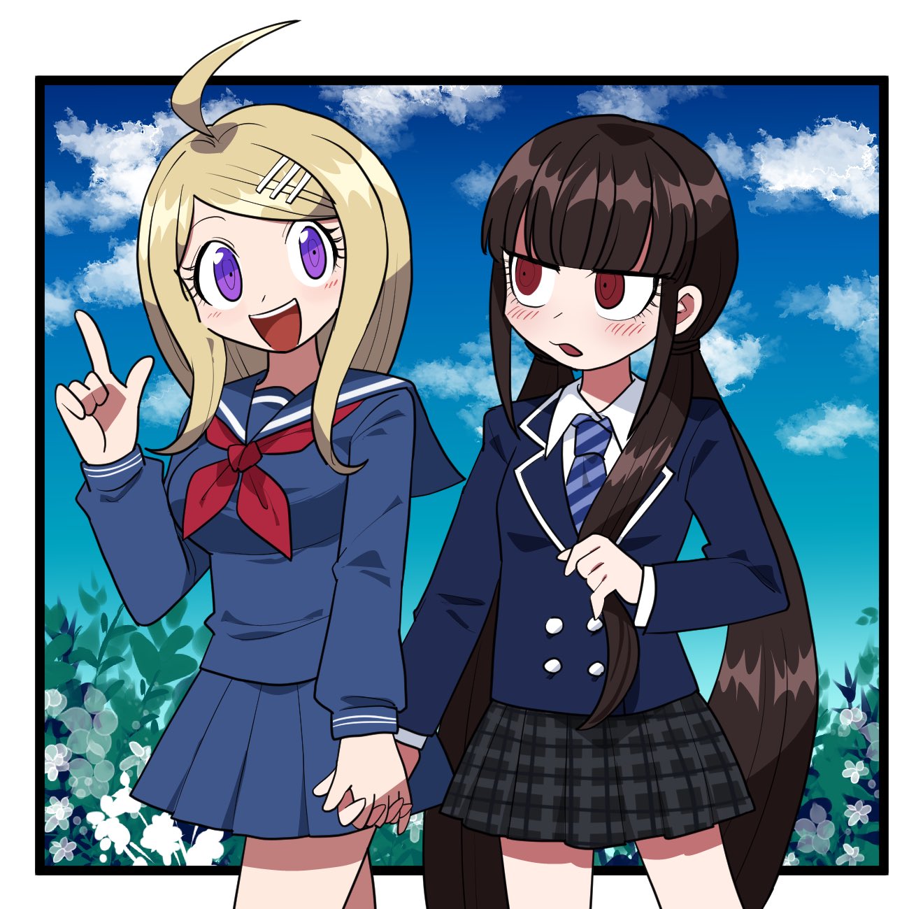 2girls :d ahoge akamatsu_kaede alternate_costume bangs black_skirt blonde_hair blue_neckwear blue_shirt blue_skirt blunt_bangs blush border breasts collared_shirt cowboy_shot dangan_ronpa_(series) dangan_ronpa_v3:_killing_harmony day diagonal-striped_neckwear diagonal_stripes furukawa_(yomawari) hair_ornament hair_over_shoulder hand_up harukawa_maki highres holding holding_hair holding_hands index_finger_raised jacket long_hair long_sleeves looking_at_another low_twintails mole mole_under_eye multiple_girls neckerchief necktie open_mouth outside_border plaid plaid_skirt pleated_skirt red_eyes sailor_collar school_uniform shiny shiny_hair shirt skirt smile striped striped_neckwear symbol_commentary twintails upper_teeth violet_eyes white_border white_shirt