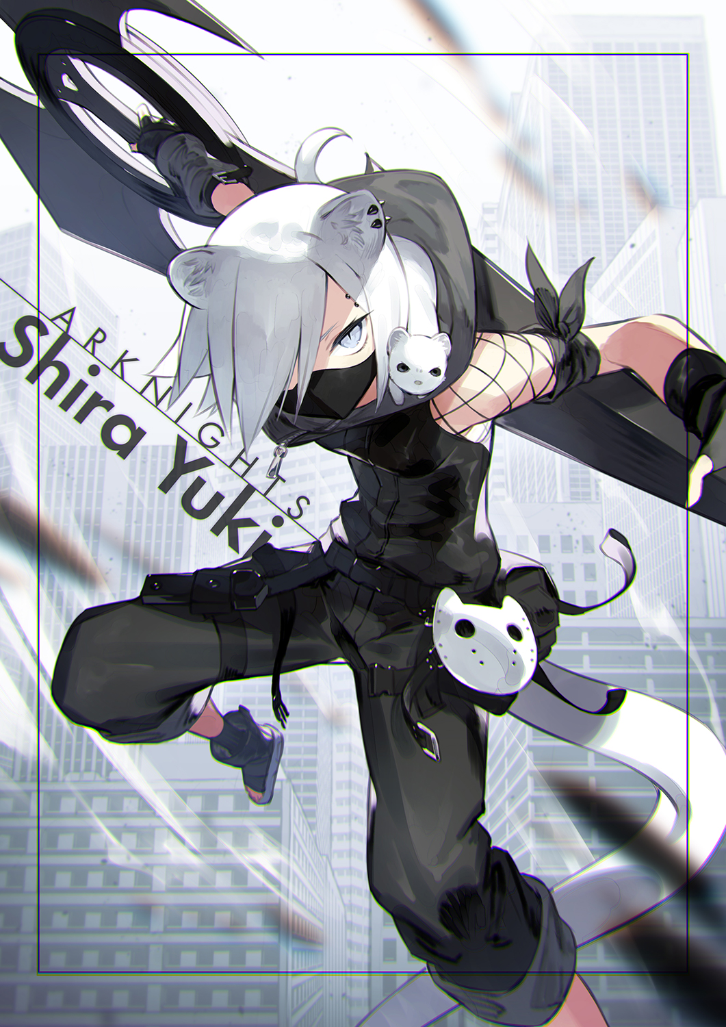 1girl ainezu animal_ears animal_on_shoulder arknights arm_up arm_warmers belt belt_pouch black_footwear black_gloves black_pants black_shirt blue_eyes boots breasts character_name commentary copyright_name ear_piercing ferret ferret_ears ferret_tail fingerless_gloves fishnets gloves hair_over_one_eye highres holding holding_weapon holster looking_at_viewer mask mouth_mask pants piercing pouch shirayuki_(arknights) shirt short_hair shuriken silver_hair small_breasts solo thigh_holster thigh_strap toeless_boots v-shaped_eyebrows weapon