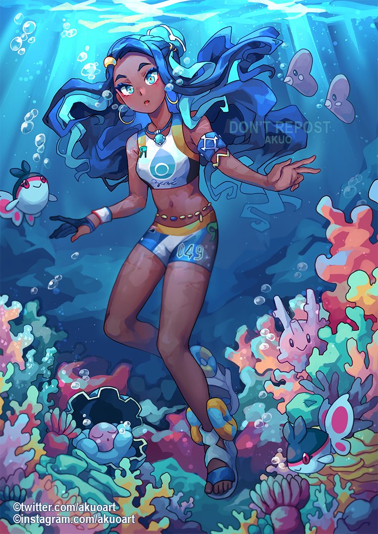 1girl akuo armlet belly_chain bike_shorts black_hair blue_eyeshadow blush bubble clamperl commentary coral coral_reef corsola dark_skin dark-skinned_female dynamax_band earrings english_commentary eyeshadow finneon gen_2_pokemon gen_3_pokemon gen_4_pokemon gloves gym_leader hair_bun hoop_earrings jewelry light_beam long_hair looking_at_viewer luvdisc makeup multicolored_hair navel necklace nessa_(pokemon) number pokemon pokemon_(creature) pokemon_(game) pokemon_swsh repost_notice sandals single_glove toes two-tone_hair underwater water_surface