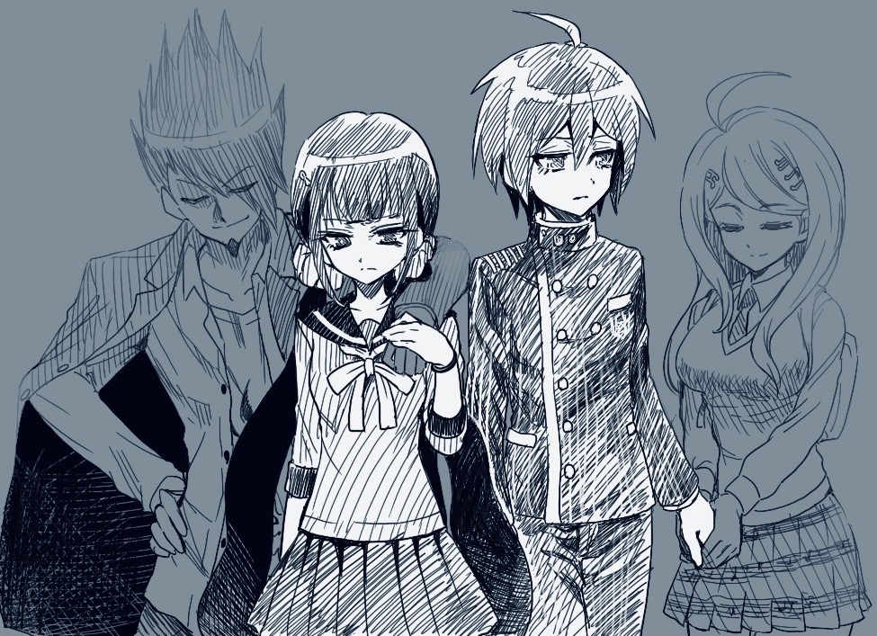 2boys 2girls ahoge akamatsu_kaede backpack bag bangs breasts closed_eyes collarbone commentary_request cowboy_shot dangan_ronpa_(series) dangan_ronpa_v3:_killing_harmony double-breasted dress_shirt facial_hair goatee greyscale hair_ornament hair_scrunchie harukawa_maki holding_hands jacket large_breasts long_hair long_sleeves low_twintails medium_breasts momota_kaito monochrome multiple_boys multiple_girls musical_note_hair_ornament open_clothes open_jacket open_shirt pants pleated_skirt randoseru sad saihara_shuuichi sailor_collar school_uniform scrunchie serafuku shiny shiny_hair shirt short_hair skirt smile spoilers sweater_vest traditional_media tsunemi_aosa twintails