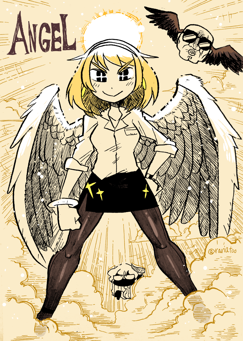 +_+ 2girls aldegon_(rariatto) angel angel_wings black_skin black_skirt blonde_hair blush brown_legwear clenched_hands closed_mouth collared_shirt colored_skin colorized dot_nose dress_shirt feathered_wings hairband halo hand_on_hip highres ink_(medium) inktober legs_apart looking_at_viewer miniskirt mixed_media multiple_girls original pantyhose pencil_skirt rariatto_(ganguri) shamsiel_(rariatto) shirt short_hair skirt smile solo_focus sunglasses thumbs_down traditional_media twitter_username watch watch wing_collar wings