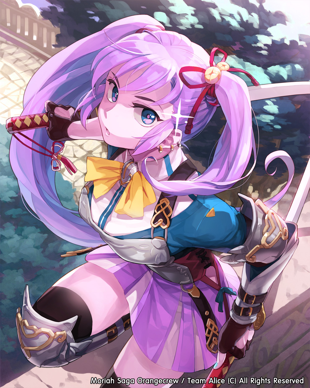 1girl :o bell blue_eyes boots breasts copyright_name ear_piercing greaves hair_bell hair_ornament highres holding holding_sword holding_weapon katana knee_boots looking_at_viewer looking_up mansu medium_breasts moriah_saga open_mouth piercing purple_hair purple_skirt shiny skirt solo sword thigh-highs tree twintails weapon yellow_neckwear