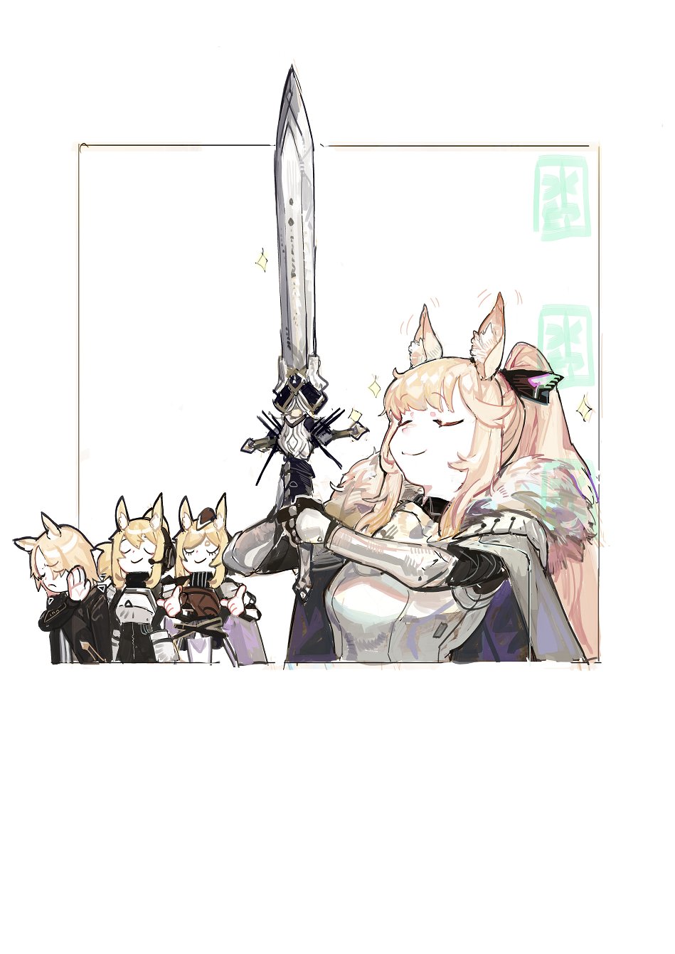 4girls animal_ears arknights arm_up armor bangs black_headwear black_jacket blemishine_(arknights) breastplate character_request closed_eyes closed_mouth collar commentary_request eyebrows_visible_through_hair framed gauntlets gloves hair_ornament hat highres holding holding_sword holding_weapon horse_ears jacket long_hair meme multiple_girls nearl_(arknights) pipidan pointing pointing_up ponytail simple_background smile sparkle sword upper_body weapon white_background