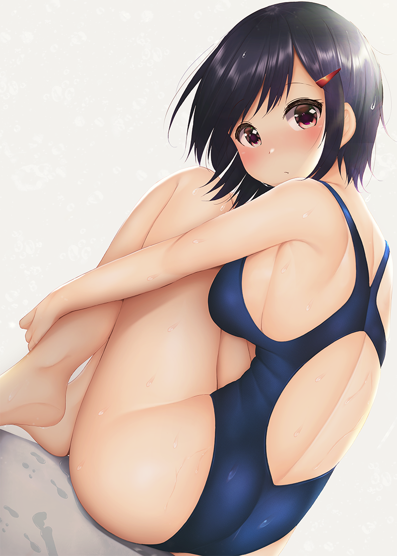 1girl ass back back_cutout bangs barefoot blue_swimsuit blush breasts clothing_cutout dripping dutch_angle from_behind hair_ornament hairclip head_tilt knees_up leg_hug looking_at_viewer looking_back medium_breasts minato_ojitan one-piece_swimsuit original purple_hair short_hair sideboob sitting solo swimsuit wet