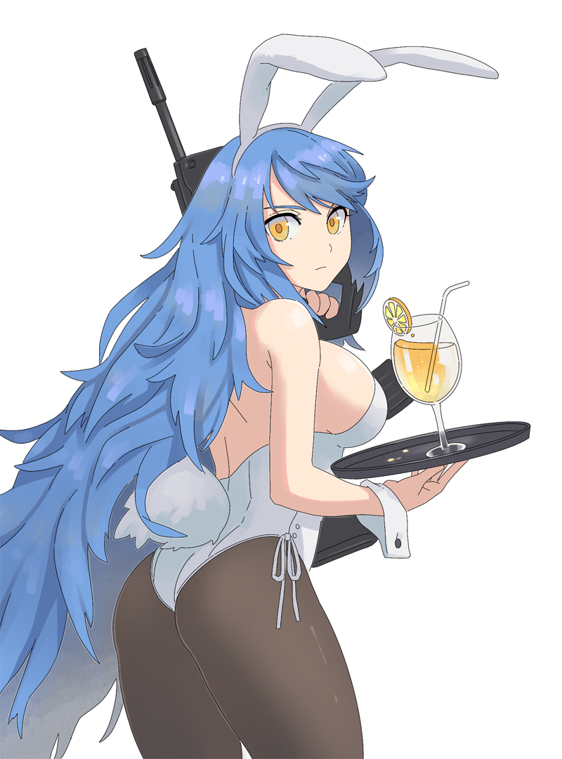 1girl animal_ears ass bare_shoulders blue_hair breasts bunny_tail expressionless from_behind girls_frontline large_breasts long_hair looking_at_viewer pantyhose playboy_bunny rabbit_ears shiny shiny_hair shiny_skin sideboob solo tab_(tabkun) tail tar-21_(girls_frontline) very_long_hair weapon wrist_cuffs yellow_eyes