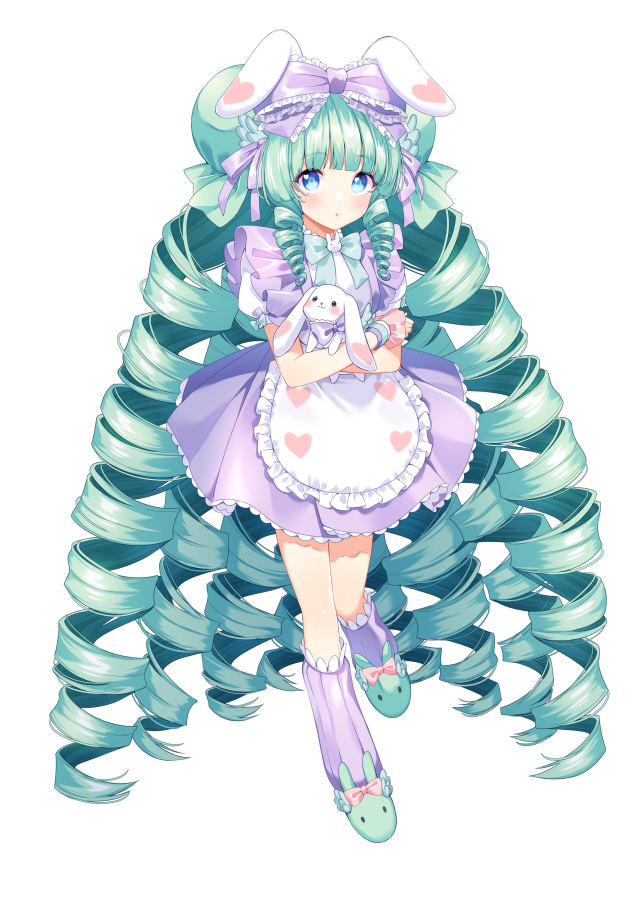 1girl animal_ears animal_slippers bangs blue_eyes bow bunny_slippers chitetan collared_shirt commentary_request drill_hair eyebrows_visible_through_hair frilled_bow frills full_body green_footwear green_hair hair_bow kneehighs long_hair object_hug original pleated_skirt puffy_short_sleeves puffy_sleeves purple_bow purple_legwear purple_skirt rabbit_ears ribbed_legwear shirt short_sleeves sidelocks simple_background skirt slippers solo standing stuffed_animal stuffed_bunny stuffed_toy very_long_hair white_background white_shirt