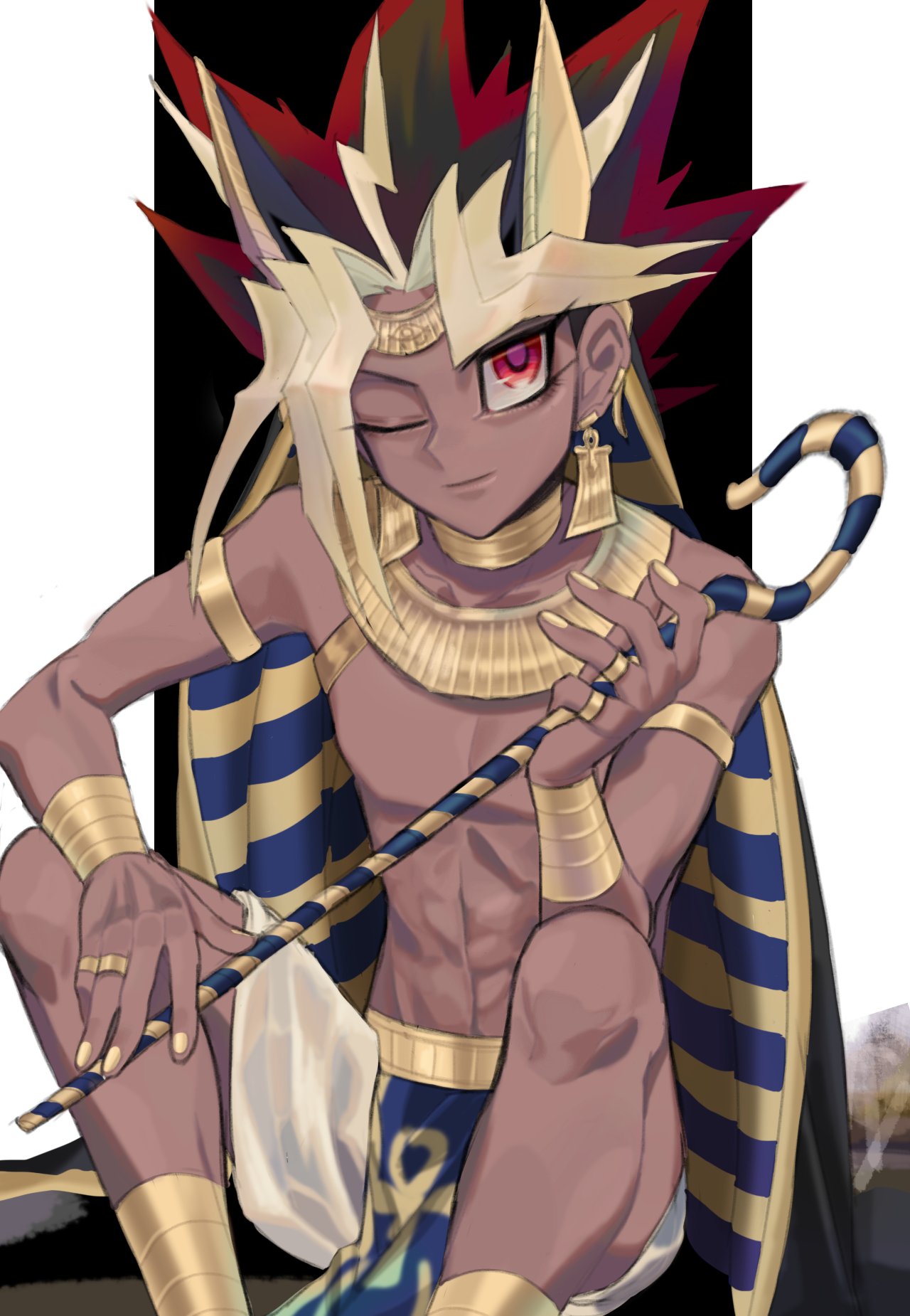 1boy atem blonde_hair cape cbow closed_mouth commentary_request dark_skin dark_skinned_male earrings egyptian eyelashes highres holding jewelry knees male_focus multicolored_hair nail_polish one_eye_closed red_eyes ring sitting smile solo spiky_hair yellow_nails yu-gi-oh! yu-gi-oh!_duel_monsters