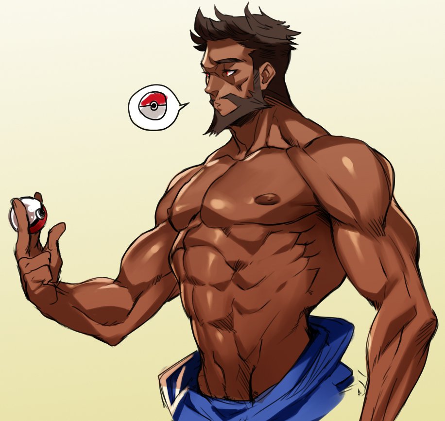 1boy abs archie_(pokemon) beard brown_hair commentary dark_skin dark_skinned_male english_commentary facial_hair hand_up holding holding_poke_ball male_focus muscular muscular_male na_insoo poke_ball poke_ball_(basic) pokemon pokemon_(game) pokemon_oras red_eyes shiny shiny_skin shirtless short_hair sketch solo spoken_object team_aqua upper_body