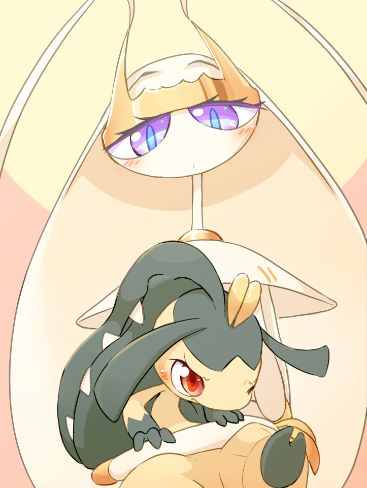 2girls annoyed antennae black_hair black_skin blue_eyes blush closed_mouth colored_skin commentary_request extra_mouth flat_chest gen_3_pokemon gen_7_pokemon hand_on_another's_head hug hug_from_behind insect_girl long_hair looking_at_another looking_down mawile multicolored multicolored_eyes multicolored_skin multiple_girls one_eye_closed open_mouth pheromosa pokemon pokemon_(creature) red_eyes sharp_teeth simple_background sitting sitting_on_lap sitting_on_person size_difference teeth two-tone_background two-tone_skin ukan_muri ultra_beast upper_body violet_eyes white_hair white_skin yellow_background yellow_skin