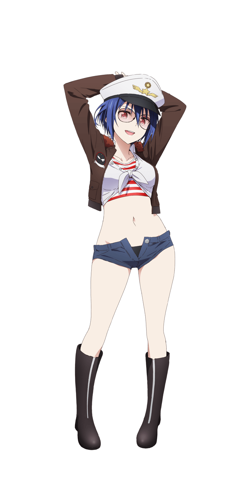 1girl :d amatsuka_yayoi arms_behind_head arms_up bikini bikini_under_clothes black_bikini black_footwear blue_hair blue_shorts boots breasts brown_jacket collarbone crop_top cropped_jacket denim denim_shorts front-tie_top full_body fur_trim groin hat highres jacket knee_boots looking_at_viewer medium_breasts micro_shorts midriff military_hat navel open_clothes open_fly open_jacket open_mouth peaked_cap red_eyes senyoku_no_sigrdrifa shirt short_hair short_shorts shorts smile solo standing stomach striped striped_shirt sunglasses swimsuit thighs transparent_background undershirt v-shaped_eyebrows white_headwear white_shirt