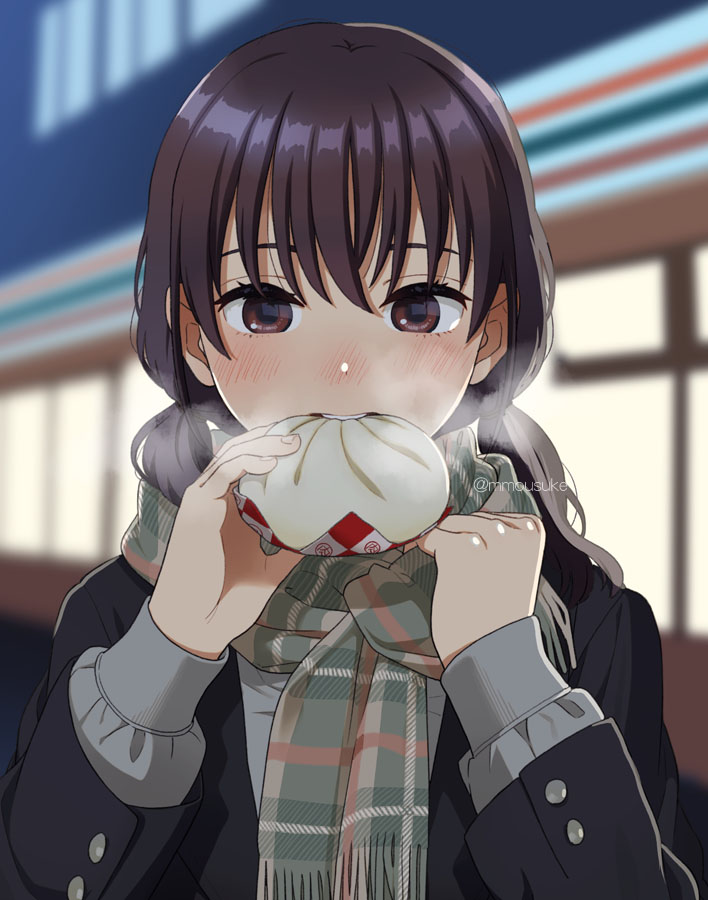 1girl backlighting bangs baozi black_jacket blush brown_eyes brown_hair commentary_request eating food fringe_trim green_scarf holding holding_food jacket long_hair long_sleeves looking_at_viewer low_twintails mattaku_mousuke nose_blush open_mouth original outdoors plaid plaid_scarf scarf solo steam twintails twitter_username upper_body upper_teeth