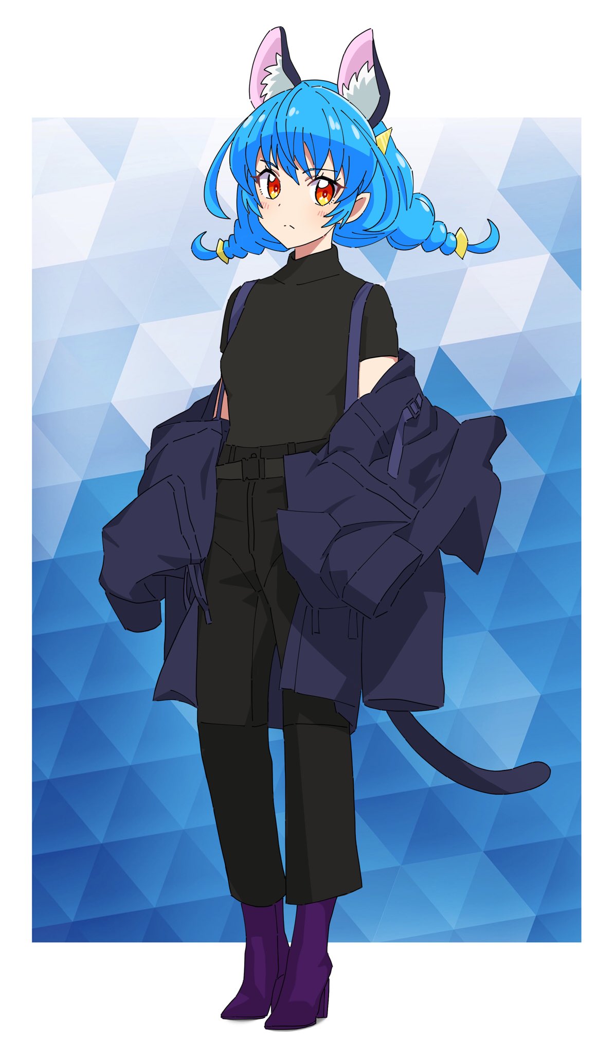 1girl animal_ear_fluff animal_ears black_pants black_shirt blue_background blue_coat blue_hair blush boots border braid cat_ears cat_girl cat_tail clothes_down coat eyebrows_visible_through_hair fashion frown full_body hat_ornament high_heel_boots high_heels highres kousuke0912 long_hair looking_at_viewer multicolored multicolored_eyes orange_eyes outside_border pants precure purple_footwear shirt solo star_color_pen star_twinkle_precure suspenders tail triangle twin_braids white_border yellow_eyes yuni_(precure)