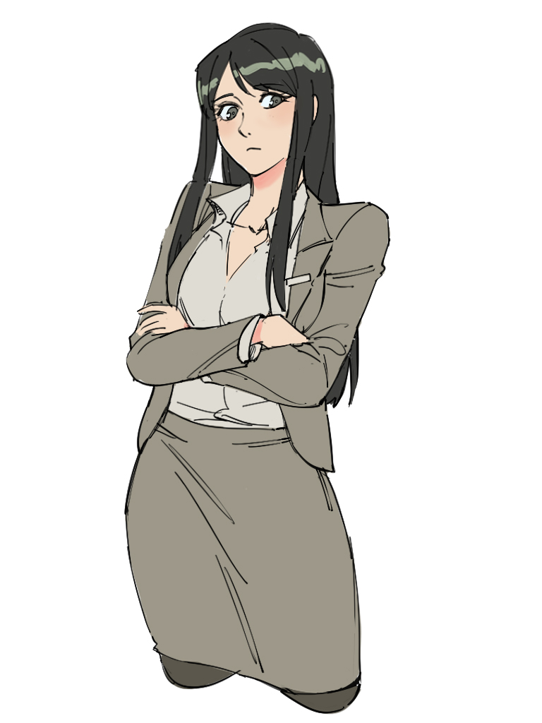 1girl black_hair black_legwear business_suit closed_mouth collared_shirt copyright_request cropped_legs crossed_arms formal grey_eyes grey_jacket grey_shirt grey_skirt jacket long_sleeves looking_at_viewer office_lady pantyhose ruukii_drift shirt simple_background skirt skirt_suit solo standing suit taut_clothes taut_skirt white_background wing_collar