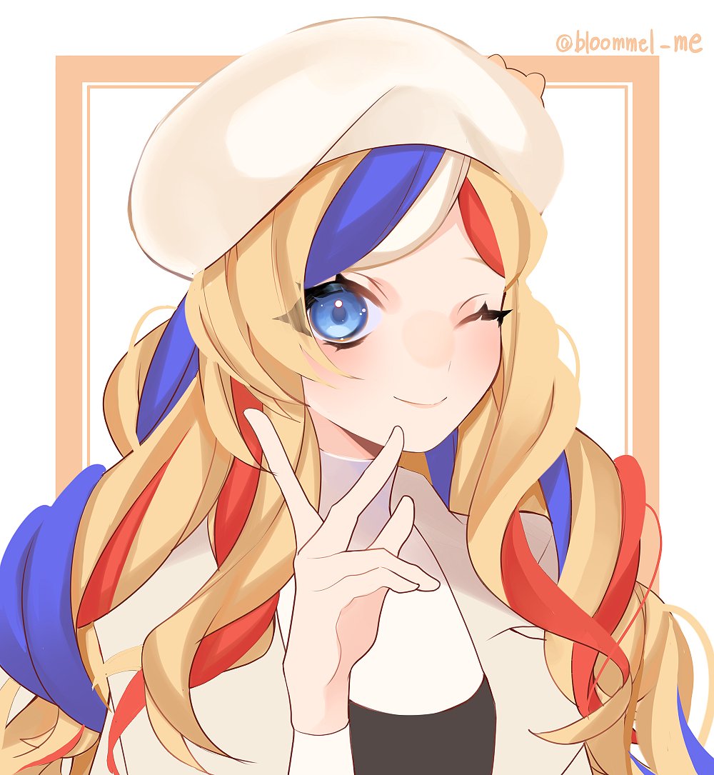 1girl beret blonde_hair blue_hair commandant_teste_(kantai_collection) hat kantai_collection kozu_(bloomme1_me) long_hair multicolored_hair official_alternate_costume one_eye_closed redhead smile solo streaked_hair twitter_username upper_body wavy_hair white_background white_hair white_headwear