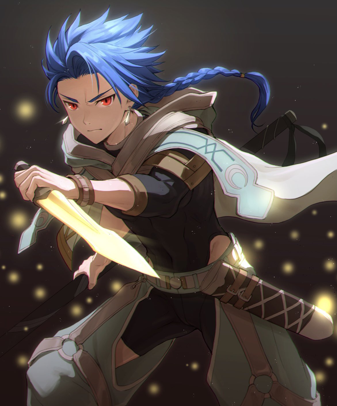1boy bangs blue_hair braid cape closed_mouth clothing_request commentary_request cowboy_shot cu_chulainn_(fate)_(all) dual_wielding earrings fate/grand_order fate_(series) highres holding holding_weapon hood hood_down hooded_cape jewelry light_particles long_hair looking_at_viewer male_focus mondi_hl o-ring ponytail red_eyes sheath skin_tight solo weapon