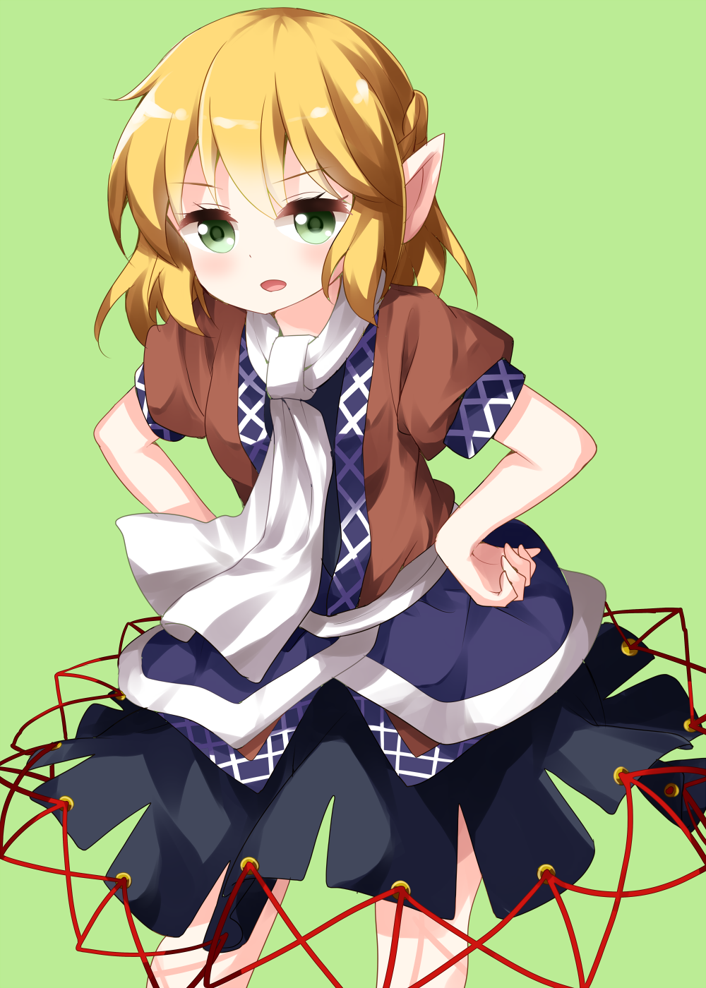 1girl bangs black_skirt blonde_hair braid brown_jacket cowboy_shot eyebrows_visible_through_hair french_braid green_background green_eyes half_updo hands_on_hips highres jacket layered_clothing leaning_forward looking_at_viewer mizuhashi_parsee open_mouth pointy_ears ruu_(tksymkw) sash scarf short_hair short_sleeves simple_background skirt solo standing touhou white_sash white_scarf