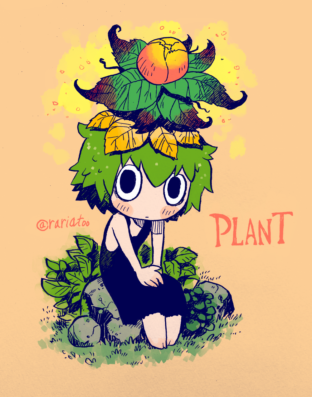 1girl bare_shoulders barefoot black_dress black_eyes blush closed_mouth colorized dress flower flower_on_head green_hair grey_background highres ink_(medium) inktober leaf leaf_on_head long_dress looking_at_viewer mixed_media monster_girl original plant_girl rariatto_(ganguri) short_hair simple_background sitting sleeveless sleeveless_dress solo traditional_media twitter_username wide-eyed