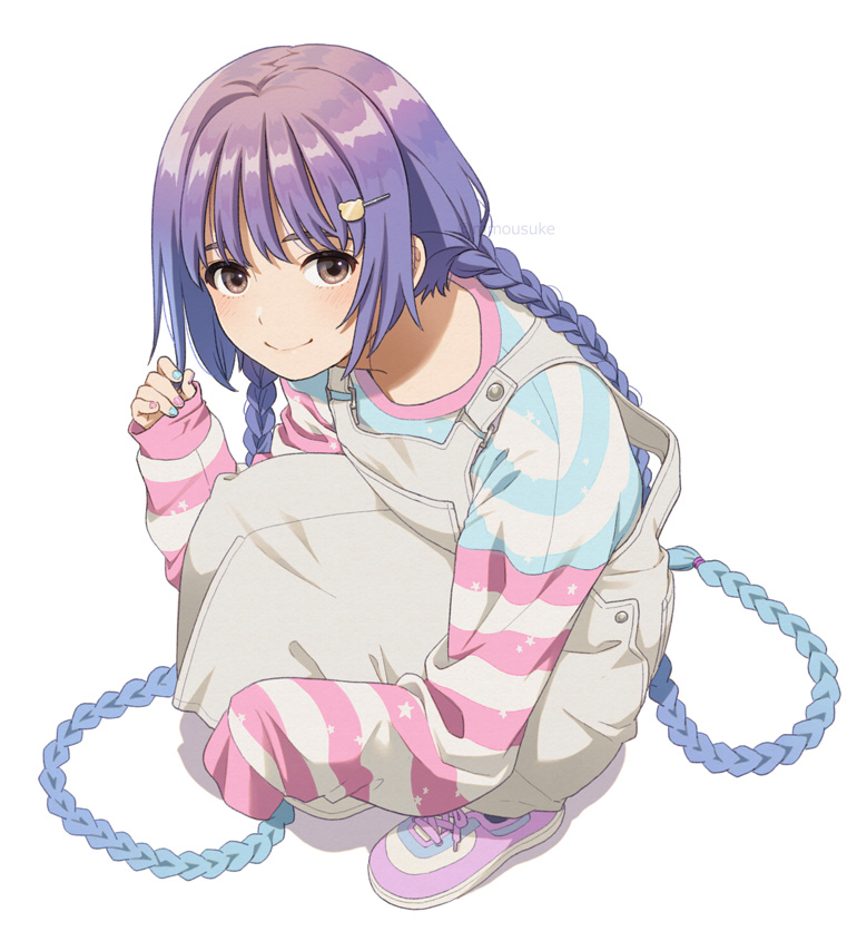 1girl bangs blue_hair blue_nails blush braid brown_eyes closed_mouth commentary_request from_above full_body hair_ornament hairclip long_hair long_sleeves looking_at_viewer looking_up mattaku_mousuke nail_polish original overalls pink_footwear pink_nails purple_hair sleeves_past_wrists smile solo squatting striped_sleeves twin_braids twitter_username very_long_hair