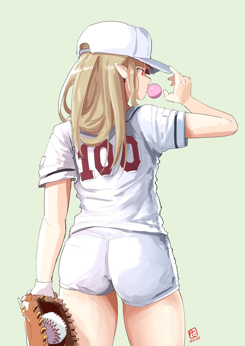 1girl ass automatic_giraffe bangs baseball baseball_cap baseball_jersey baseball_mitt baseball_uniform blonde_hair bubble_blowing choi_seol-hwa choi_seol-hwa_(cosplay) cosplay dated english_commentary from_behind green_background hand_on_headwear hat long_hair photo-referenced pointy_ears princess_zelda real_life red_eyes shorts solo sportswear the_legend_of_zelda white_shorts