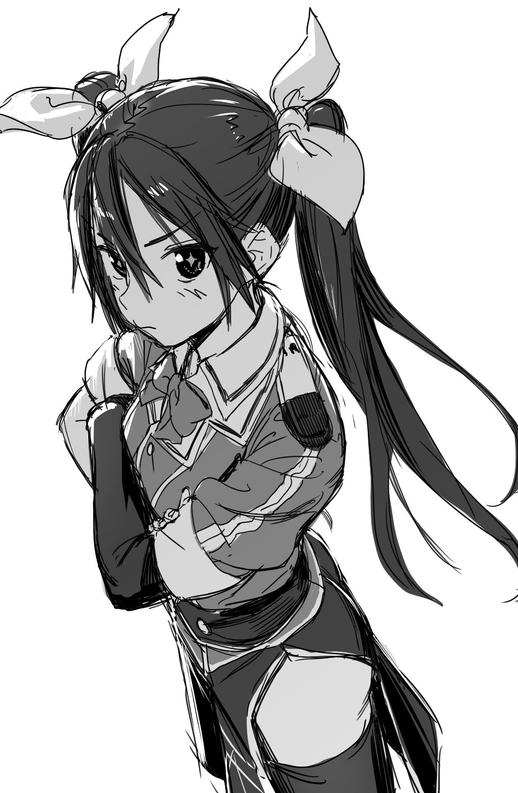 1girl bangs closed_mouth crossed_arms elbow_gloves gloves greyscale hair_between_eyes hair_ribbon highres kantai_collection kawakami_rokkaku long_hair looking_at_viewer monochrome pelvic_curtain remodel_(kantai_collection) ribbon short_sleeves simple_background single_elbow_glove single_glove sketch solo thigh-highs tone_(kantai_collection) twintails