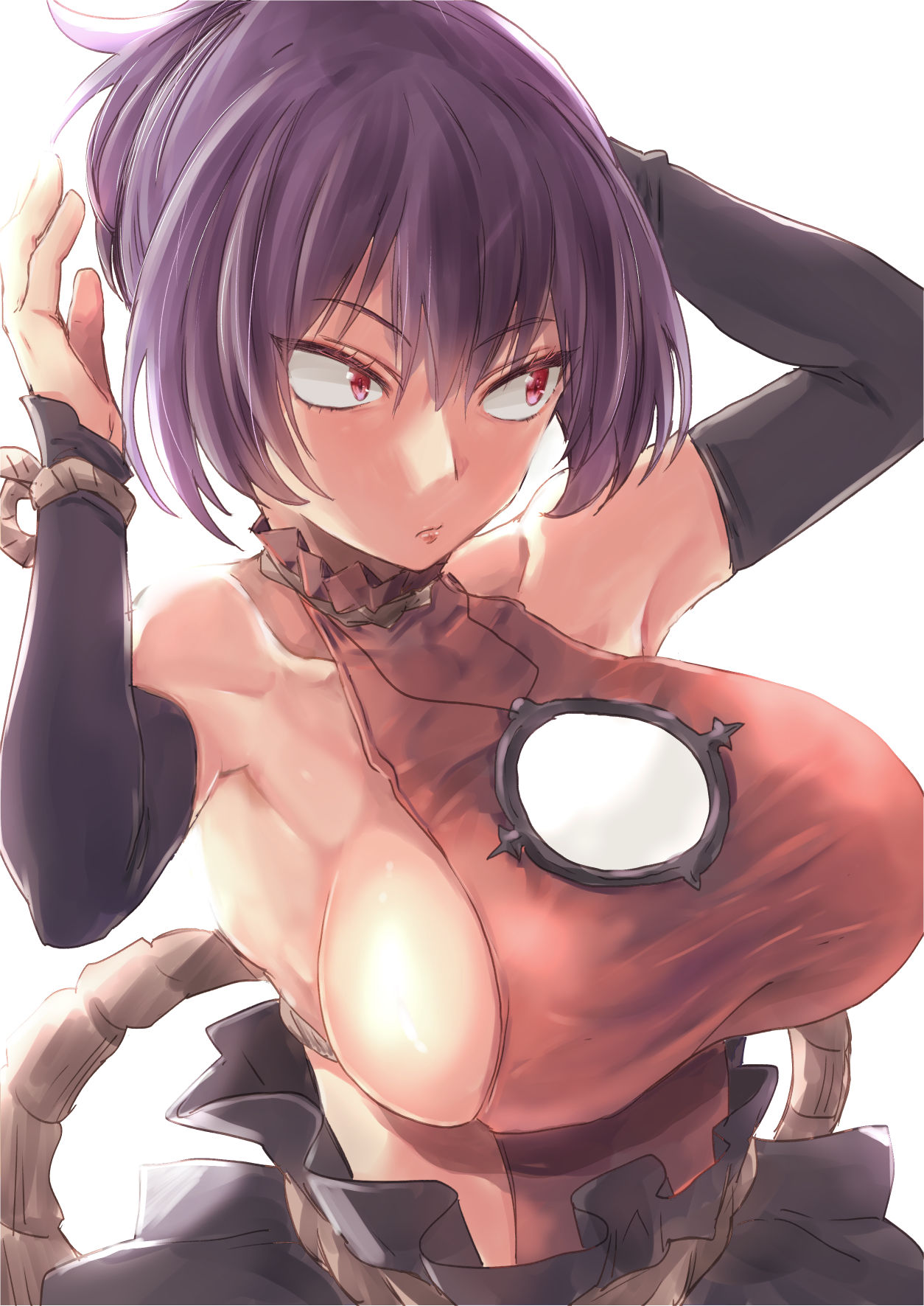 1girl adjusting_hair armpits bare_shoulders black_gloves breasts bridal_gauntlets gloves hair_up highres large_breasts mirror purple_hair red_eyes rope shimenawa short_hair sideboob skirt solo touhou upper_body yasaka_kanako yohane