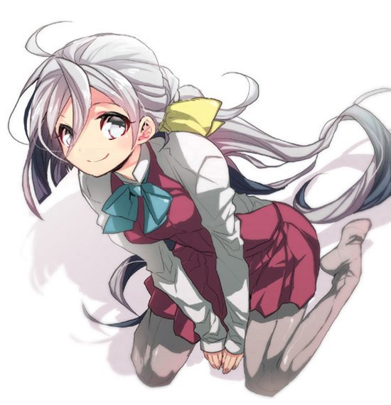 1girl ahoge bangs blue_hair blue_neckwear dress grey_background grey_eyes hair_between_eyes hair_ribbon kantai_collection kiyoshimo_(kantai_collection) long_hair long_sleeves looking_at_viewer low_twintails multicolored_hair pantyhose purple_dress ribbon school_uniform shadow shirt simple_background sitting smile solo tane_juu-gou twintails two-tone_hair white_background white_shirt