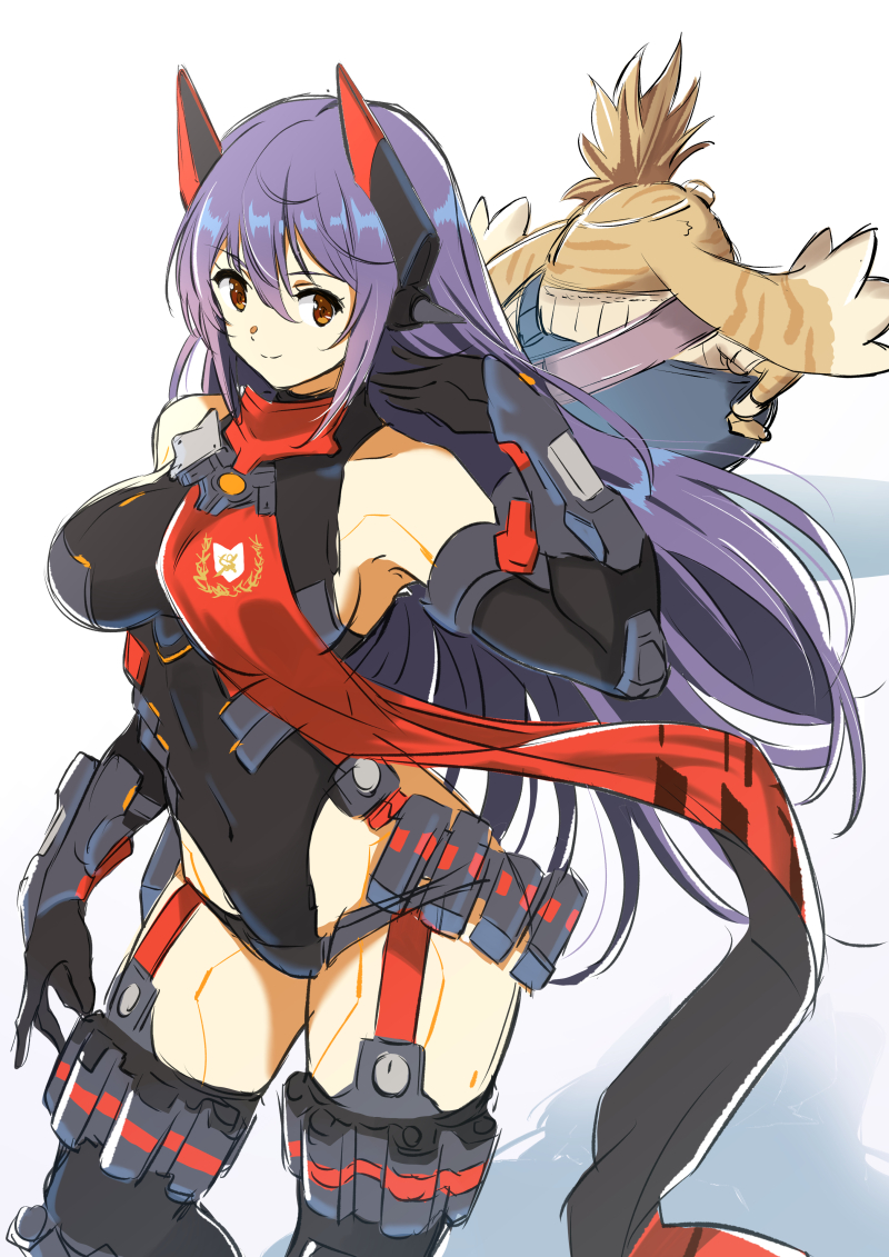 breasts gloves joints large_breasts leotard long_hair poppi_(xenoblade) poppi_qtpi_(xenoblade) red_eyes robot robot_ears robot_joints scarf tora_(xenoblade_2) xenoblade_chronicles_(series) xenoblade_chronicles_2 yuuuun0218
