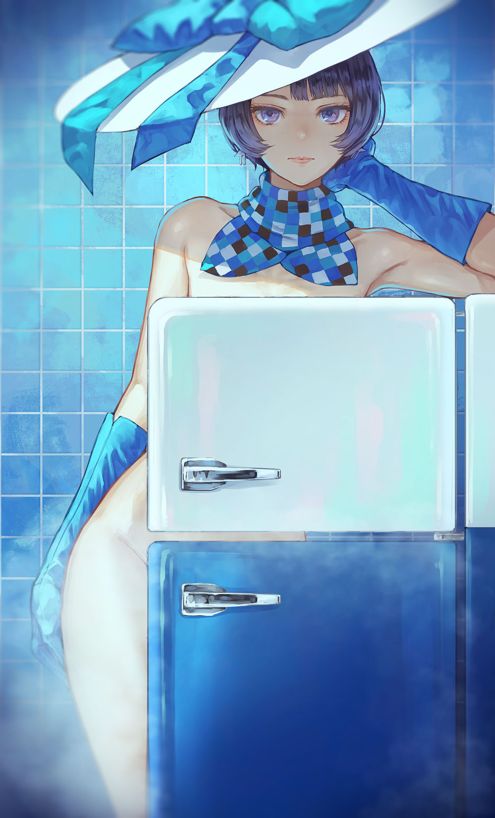 1girl armpits bangs bare_shoulders blue_gloves earrings gloves groin hat highres jewelry kaoming looking_at_viewer nude purple_hair refrigerator scarf short_hair solo sun_hat suntory suntory_nomu violet_eyes virtual_youtuber