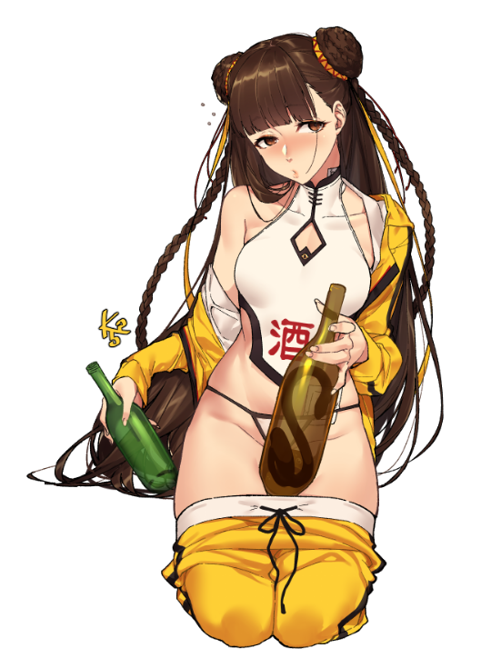 1girl bangs black_survival bottle braid brown_eyes brown_hair chinese_clothes double_bun groin head_tilt holding jacket k52 kneeling li_dailin long_hair looking_at_viewer off_shoulder open_clothes open_jacket panties pants pants_pull seiza simple_background sitting solo underwear white_background white_panties yellow_jacket yellow_pants