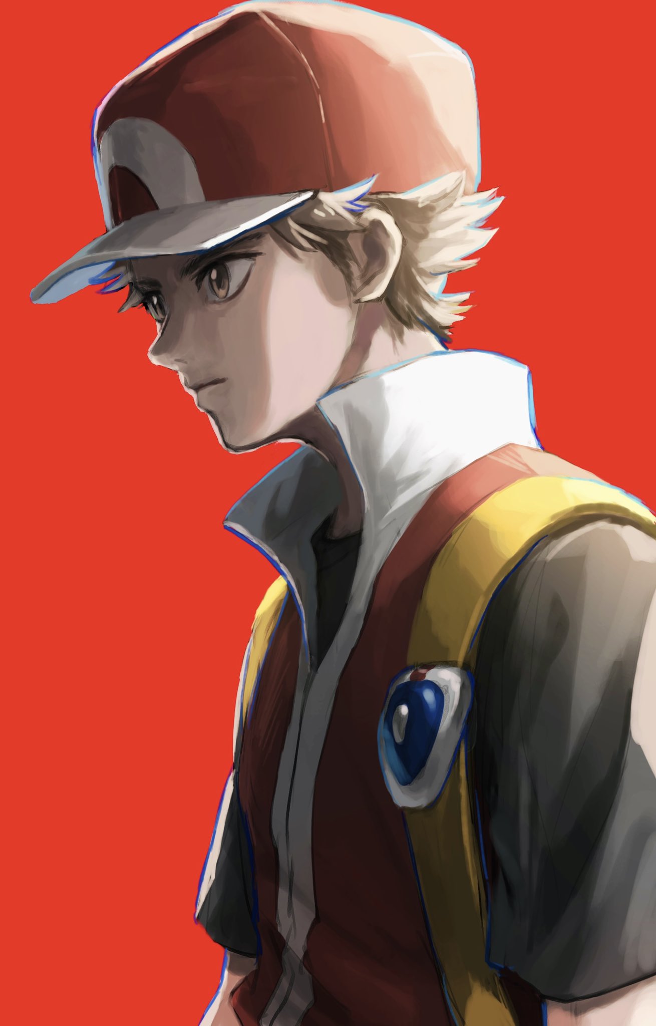 1boy baseball_cap brown_eyes brown_hair closed_mouth expressionless grey_asa hat highres jacket male_focus pokemon pokemon_(game) pokemon_frlg popped_collar red_(pokemon) red_background red_headwear shirt short_hair short_sleeves simple_background sleeveless sleeveless_jacket solo strap symbol-only_commentary t-shirt upper_body vs_seeker