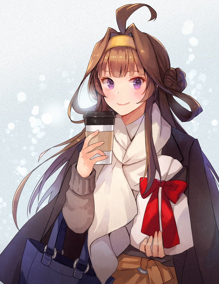 1girl ahoge alternate_costume bag black_coat blush brown_hair closed_mouth coat coat_on_shoulders coffee_cup cup disposable_cup double_bun highres holding kantai_collection kasumi_(skchkko) kongou_(kantai_collection) lips long_hair long_sleeves scarf shoulder_bag smile solo upper_body violet_eyes white_scarf