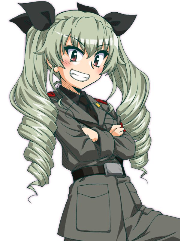 1girl anchovy_(girls_und_panzer) anzio_military_uniform bangs belt black_belt black_neckwear black_shirt commentary_request crossed_arms doyagao dress_shirt drill_hair eyebrows_visible_through_hair girls_und_panzer green_hair grey_jacket grey_pants grin jacket long_hair long_sleeves looking_at_viewer military military_uniform necktie oosaka_kanagawa pants partial_commentary red_eyes sam_browne_belt shirt simple_background smile smug solo standing twin_drills twintails uniform v-shaped_eyebrows white_background wing_collar