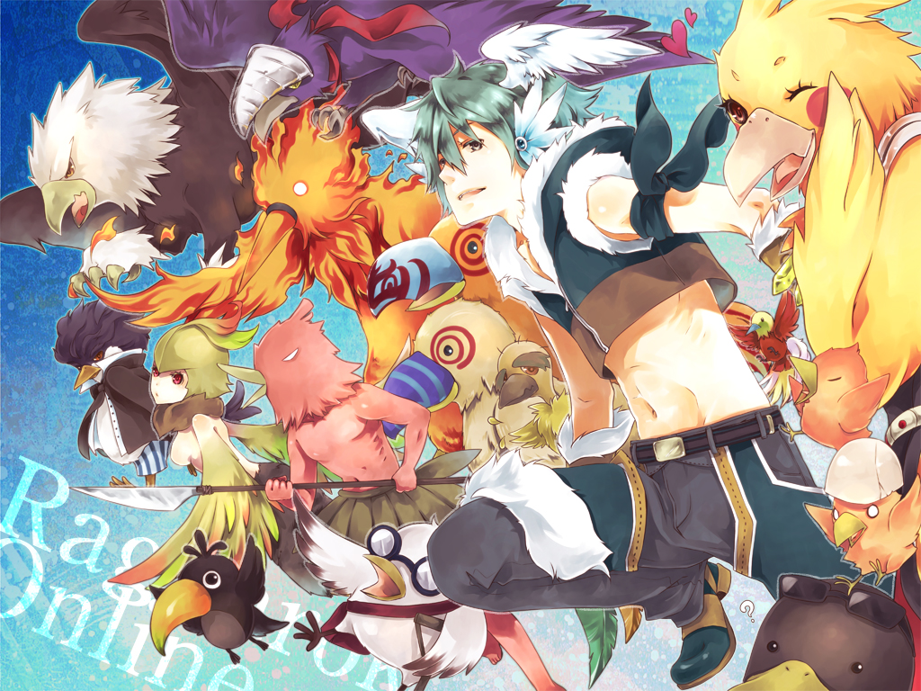 1boy 1girl ? armband bangs bird blue_background blush_stickers breasts brown_gloves brown_hair brown_shirt commentary_request condor_(ragnarok_online) copyright_name crop_top eagle feathered_wings fur-trimmed_gloves fur-trimmed_shirt fur-trimmed_shorts fur_trim galapago_(ragnarok_online) galapagos_penguin glasses gloves green_hair green_wings grey_pants griffin gryphon_(ragnarok_online) hair_between_eyes harpy harpy_(ragnarok_online) head_wings heart hill_wind_(ragnarok_online) holding holding_spear holding_weapon looking_at_viewer medium_breasts midriff monster_girl navel one_eye_closed open_mouth pants pants_under_shorts parus_(ragnarok_online) peco_peco penguin phoenix picky_(ragnarok_online) polearm raggler ragnarok_online round_eyewear shirt shoes short_hair shorts sleeveless sleeveless_shirt sniper_(ragnarok_online) spear toucan trait_connection two-tone_shirt weapon white_wings wings yutsuki