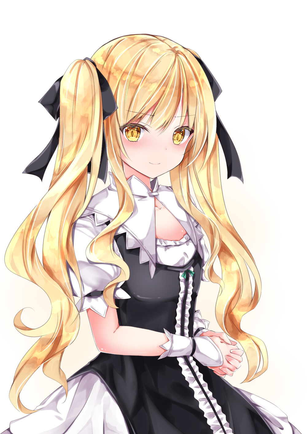 1girl alternate_hairstyle black_dress black_ribbon blonde_hair blush capelet center_frills closed_mouth collarbone commentary_request cowboy_shot dress eyebrows_visible_through_hair flat_chest frills hair_ribbon hands_clasped highres kirisame_marisa long_hair looking_at_viewer nanase_nao no_hat no_headwear own_hands_together puffy_short_sleeves puffy_sleeves ribbon short_sleeves sidelocks simple_background smile solo touhou twintails very_long_hair wavy_hair white_background white_capelet wrist_guards yellow_eyes