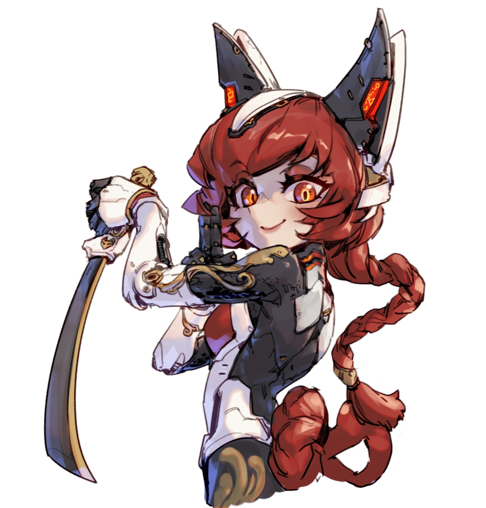 1girl animal_ears bangs breasts brown_hair closed_mouth cowboy_shot cropped_legs fake_animal_ears from_side hands_up holding holding_sword holding_weapon long_hair medium_breasts original phantom_ix_row power_armor red_eyes shiny shiny_hair simple_background smile sword weapon white_background