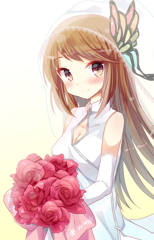 1girl bouquet bride brown_eyes brown_hair butterfly_hair_ornament closed_mouth dress elbow_gloves eyebrows_visible_through_hair flower gloves hair_ornament holding holding_bouquet kuriyuzu_kuryuu lee_meixue red_flower red_rose rose rose_guns_days smile solo veil wedding_dress white_dress white_gloves